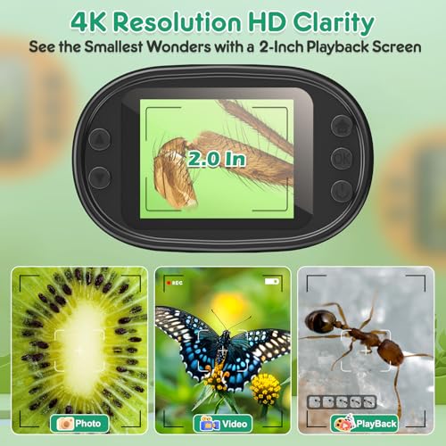 1000X Handy Digital Mikroskop für Kinder: 4K 2.0 Bildschirm Wiederaufladbar Mini Taschen Tragbares USB Trichome Mikroskope Science Kit mit Objektträger Set Geschenke für 4-12 Jährige