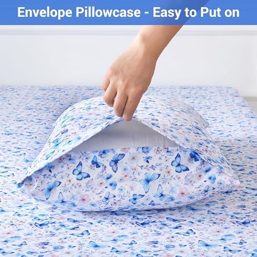 Image of Softan Full Floral Sheets, Microfiber Blue Flower Printed Fitted Sheets with Non-Slip Corner Straps and 15 inch Deep Pocket, Butterfly Patterned Cozy Bed Sheets Double Sheets & Pillowcase Sets