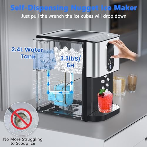 Image of Kndko Nugget Ice Makers Countertop, 44lbs /24H Pebble Ice Machine with Self-Cleaning Dispenser, Soft Chewable Pellet Ice, 3.3lbs Storage for Home /Kitchen /Office /Party, Silver