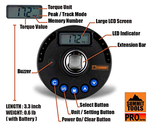 Summit Tools 1/2 Inch Digital Angle Torque Adapter, 12.5-250.7 Ft-Lbs Torque Range, 1-360° Angle Range, Buzzer And Sequential Led Indicator, 50 Memroy Slots (Ad4-340Cn), Blue #TOP1