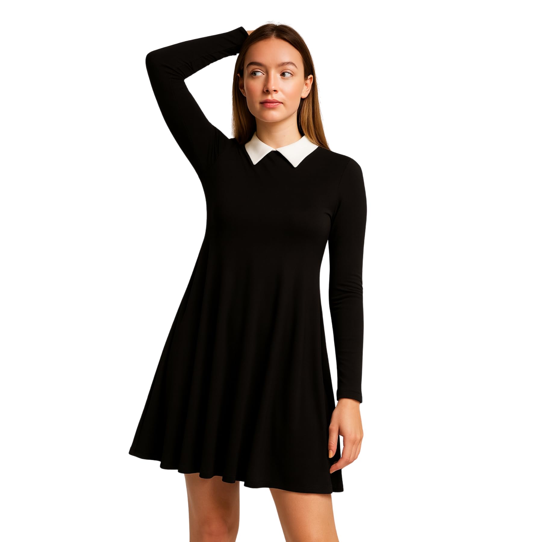 Hamishkane® Ladies Peter Pan Collar Swing Dress, Long Sleeve Skater Top, Classic A-Line Fit & Flare Style, Vintage Halloween Party Outfit, UK Size 8-26 Black