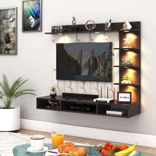 Image of Anikaa Tyron Engineered Wood Wall-Mount TV Unit with PVC Back Panel & LED Lights | TV Cabinet with Storage Box & Decorative Shelves (Wenge) | Ideal for TVs up to 55 Inch | DIY Installation
