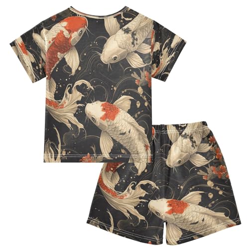 Pajama Sets Short Sleeve Koi Fish Pattern Soft Cotton Summer Sleepwear 2 Piece PJS Size 5-14T2