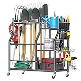 organizelink Large Garden Tool Organizer, 36' L x 37.25' H Metal Yard Tool Storage Rack with Multi Tier Shelves, Long-Handle Tool Holder with Wide & Narrow Slots, Hooks & Storage Pockets for Garage
