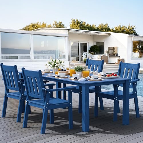 Image of YEFU HIPS Patio Table Set: 5 Piece Outdoor Table and Chairs Dining Furniture Set with Umbrella Hole - Blue Modern Plastic Dining Sets 4 Person for Outside Deck with Metal Aluminum Frame