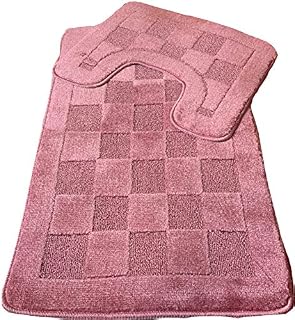 Bathroom Shower 2 Piece Bath Mat Set Non Slip & Toilet Pedestal (Check Design) (Chocolate Brown)