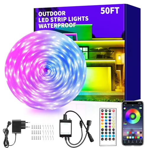 Vimeepro - Striscia LED da 15 m, IP68, impermeabile, per esterni, con controllo remoto/APP, sincronizzazione musicale, striscia LED RGB per esterni, per camera da letto, tetto, giardino, scala, festa