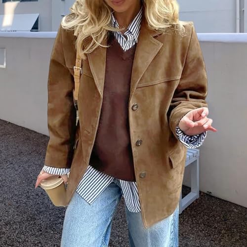 ZWRXW Suede Jacket for Women Vintage Faux Leather Jackets Boyfriend Button Down Shacket Casual Dressy Blazers Coat Trendy2
