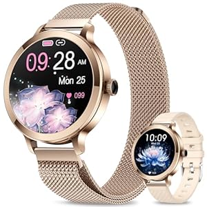 GADIXY Smart Watches for Women (Make/Answer Call), 1.1″ AMOLED Small Screen Fitness Tracker 110+ Sports Modes IP68 Step Counter/BP/Heart Rate/Sleep Monitor Smart Watch for Android iOS Gold