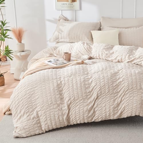 Image of HYMOKEGE Beige Full Size Comforter Sets Seersucker 7 Pieces, All Season Luxury Bed in a Bag for Bedroom, Bedding Set with Comforters, Sheets, Pillowcases & Shams