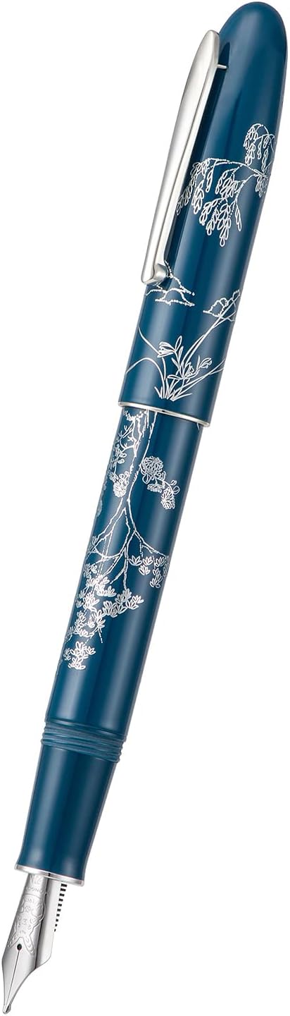 HONG DIAN N23 Blue Rabbit Fountain Pen, Long Blade Medium Nib Silver Trim, New Year Lucky Rabbit Carving Design, Smooth Writing Pen with Converter and Metal Pen Box Set