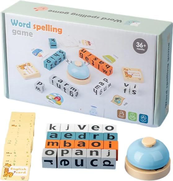 Image of Wooden Alphabet Spelling Game Montessori Learning Toy for Kids Educational Game for Word Building, Spelling & Early Aducation Toy 3+ Years 20 Letter Cubes 64 Flashcards 1 Bell