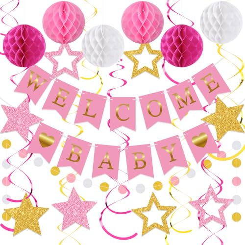 Image of WinnerWhy 25 Pcs Baby Shower Decorations for Girl, Pink Welcome Baby Banner with Glitter Stars, Hanging Swirls, Honeycomb Balls, Circle Dots Garland Girl Pink Decorations for Gender Reveal Party Decor