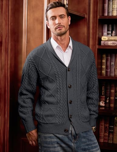 Image of JMIERR Mens Wool Blend Shawl Collar Cable Knit Cardigan Sweater