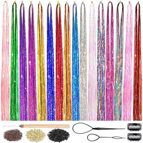 AMchoice Hair Tinsel Kit with Tools 16 Colors 3500 Strands Fairy Hair Tinsel Heat Resistant Sparkling Shiny Tinsel Hair Extensions 48 Inch Colorful Hair Tinsel strands Kit