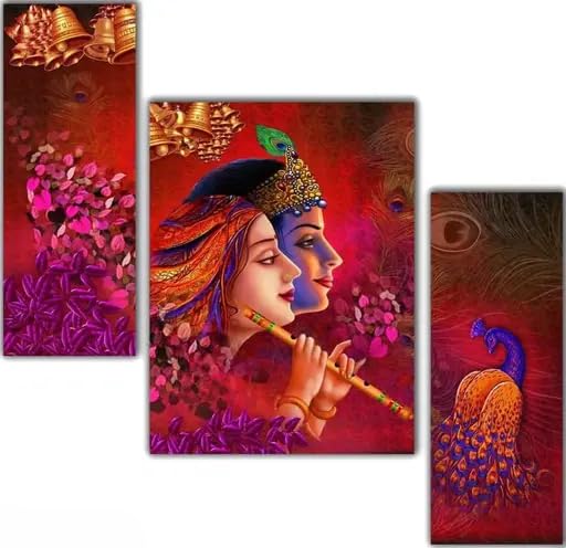 Best Stuff Krishna Radha Love Couple With Peacock Modern Art Flower Painting, 12 x 18 Inch - Code BB 7