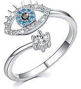 VIEN Eye Ring Silver Jewelry Open Rings Lucky Evil Eye Adjustable Blue CZ Jewelry Stainless Steel...