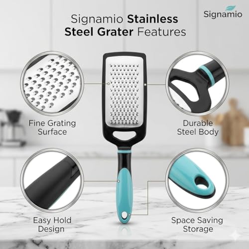 Image of SIGNAMIO Hand Kadukas Cheese Grater and Vegetable Shredder for Kitchen Stainless Steel Ginger Crusher, Carrot Grater, Garlic Slicer with Protective Cover (Sky Blue)
