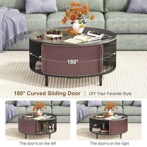 Image of Round Coffee Table, 31.5 inch Fluted Center Table with Storage, Lift-Top Coffee Table with Adjustable Footpads, Sliding Door, Mid-Century Modern Center Table for Living Room, Small Space (Grey)