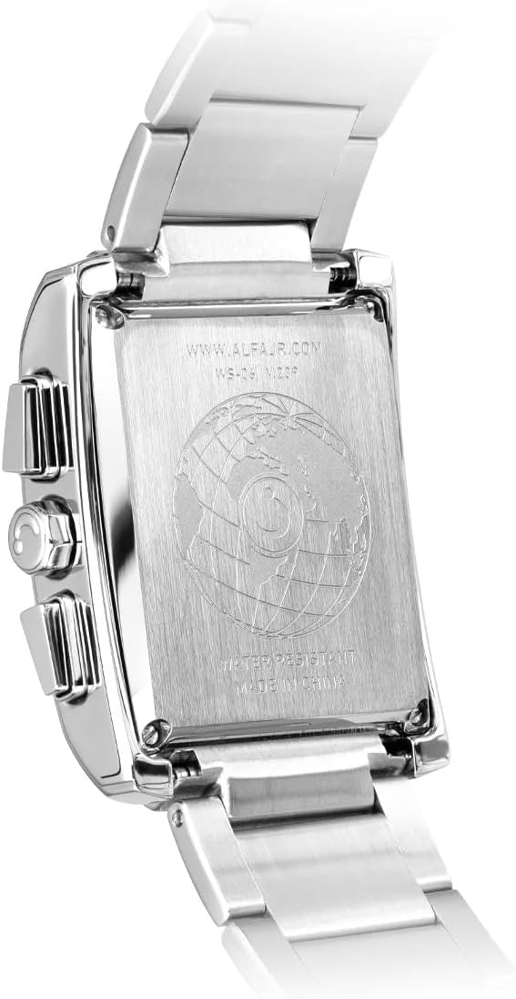 Tilbage view of the ALFAJR Classic Watch WS-06S, showing the engraved stainless steel backplate with model number and water resistance information.