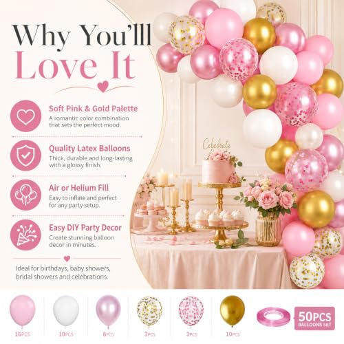 Image of Pink and Gold Balloons, 12 Inch Pink White Metallic Chrome Gold Confetti Pink Latex Balloons with Ribbon Pink Gold Party Balloons Set for Girls Baby Shower Birthday Princess Party Decorations