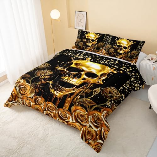 Image of QOOMO Skull Print Kids Bedding Set,Golden Flowers Comforter Set Queen Size for Boys Girls Teen Room Decorat,Soft Lightweight Bed Set All Season,1 Comforter 2 Pillowcases
