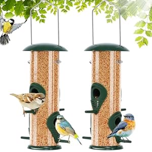 FEED GARDEN 2 Pack Tube Bird Feeders for Outdoors Hanging, 4 Ports,Premium Hard Plastic Finch Feeder Rust-Proof, Heavy Duty Metal Lid and Base Gifts Wild Bird Feeders 8.5 Inch Green