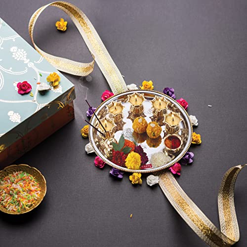 Image of HAZEL Stainless Steel Pooja Aarti Thali Set | Gold & Silver Finish | 28 cm Festive Thali with 5 Diyas & Incense Stand | Elegant Gift for Rituals