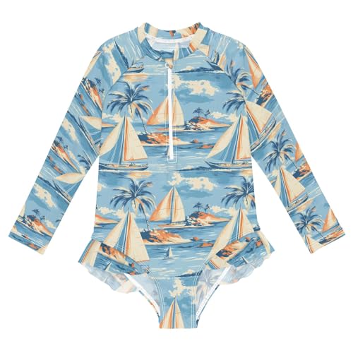 ALAZA Toddler Swimsuit Girl Bathing Suit Swimwear Rash Guard Sailboat Palm Sea Wave Long Sleeve 3T