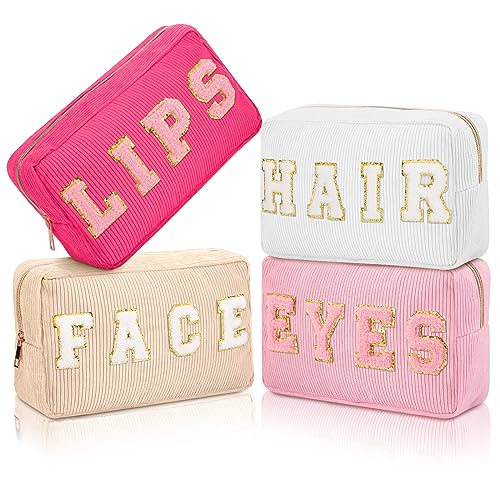 Pinkunn 4 Pcs Preppy Makeup Bag Cute Chenille Cosm…