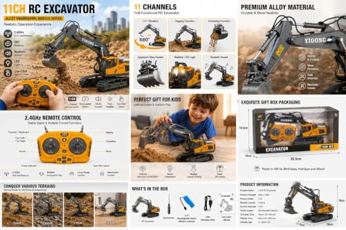 Image of Daji Rc Excavator 11 Channel Rc Excavator Truck Toys Metal Shovel, 1 /20 Remote Control Construction Vehicles Tractor, 2.4Ghz Boy Toy Gift for Kids and Adults - Multicolour