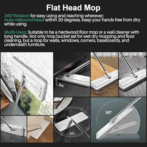 JOYMOOP Mop and Bucket with Wringer Set, White Flat Squeeze Mop Bucket Set for Floor Cleaning, Wet Dry Mop for Walls, Wall Cleaner with Long Handle, Hardwood Floor Mop-5 Microfiber Cloths