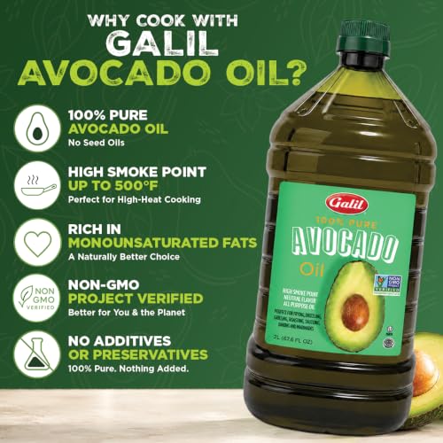 Image of Galil 100% Pure Avocado Oil - High Smoke Point 500F Non-GMO, Vegan, Halal Certified - Perfect for Cooking, Baking, Sauteing, Dressings & Marinades, Rich in Healthy Fats - 2 Liter Bottle