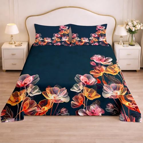 Image of Cloth Fusion Glace Cotton Super King Size Flat Bedsheet 108 x 108 Inch with 2 Pillow Covers (Blossom Aura)