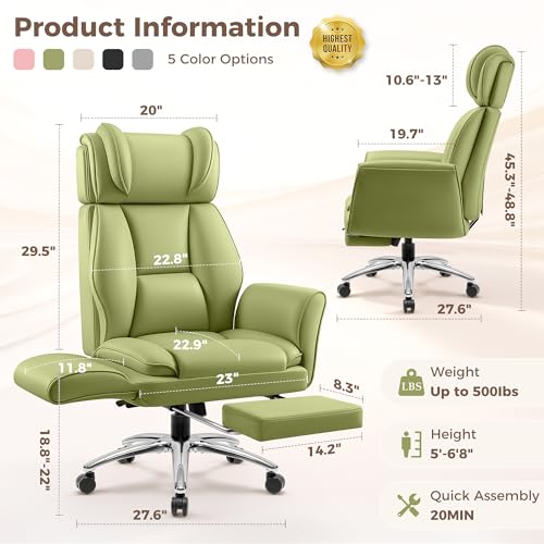 Image of Big and Tall Office Chair, Flip Armrests for Pets & Cross Legged Sitting, Ergonomic Leather Executive Desk Chair with Foot Rest, High-Back Reclining Computer Chairs for Home Office Gaming, Green