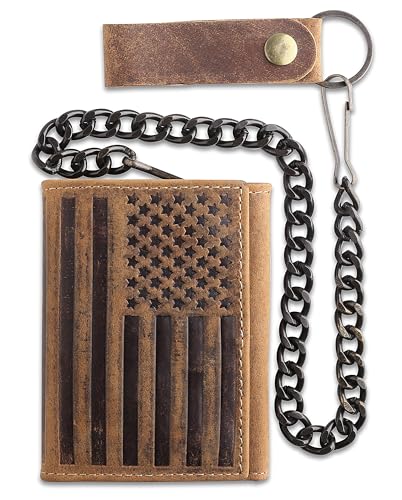 Image of F&L CLASSIC RFID Blocking Men's Tri-fold Vintage Biker Cowhide Leather Steel Chain Wallet,Snap closure, brown,flag,315-100