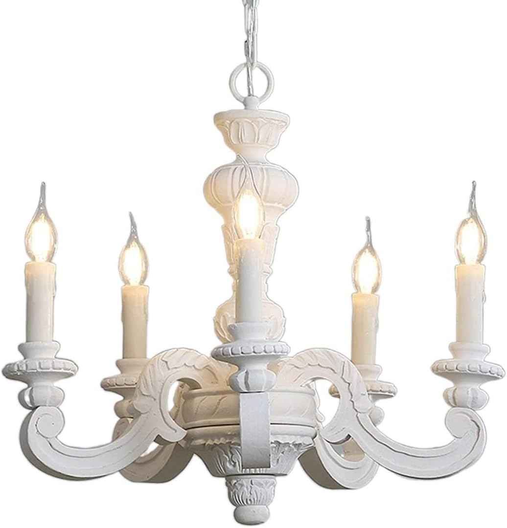 Ceiling Pendant Light, French V-intage Adjustable Chandeliers, Wood Art Carving Candle-Style Hanging Light for Living Room Hallway Dining Room Kitchen Bedroom Pendant Lamp (Color : White)