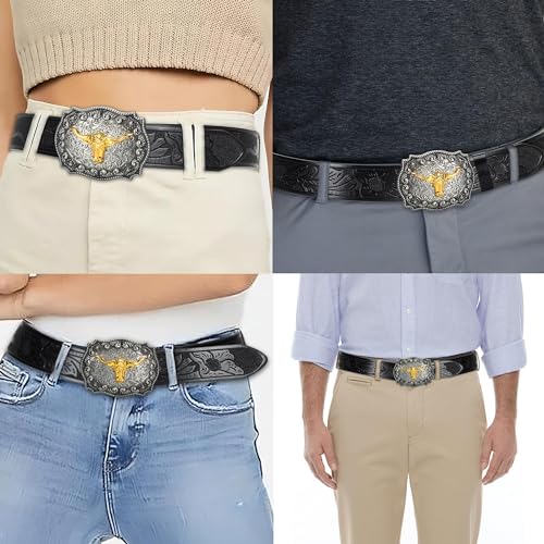 Western Cowboy-Belts for Men Big-Buckle Longhorn-Bull PU-Leather Rodeo Cowgirl-Belt Engraved Floral - Waist 25-38"4