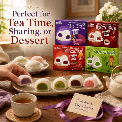 Fusion Select Assorted Japanese Style Mochi Variety Pack, 4 Flavors | Taro, Lychee Daifuku, Red Bean & Green Tea, Soft Chewy Filled Mochi - image 6