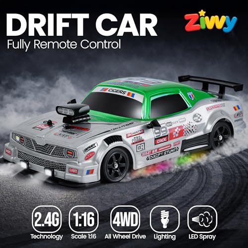 Image of Big Remote Control Car - Green | 2.4G Drift Racing Car with 100 Meter Range, Smoke Effect, LED Lights & Music | Rechargeable RC Car Toy | Best Gift for Boys & Girls 2 3 4 5 6 7 8+ Years