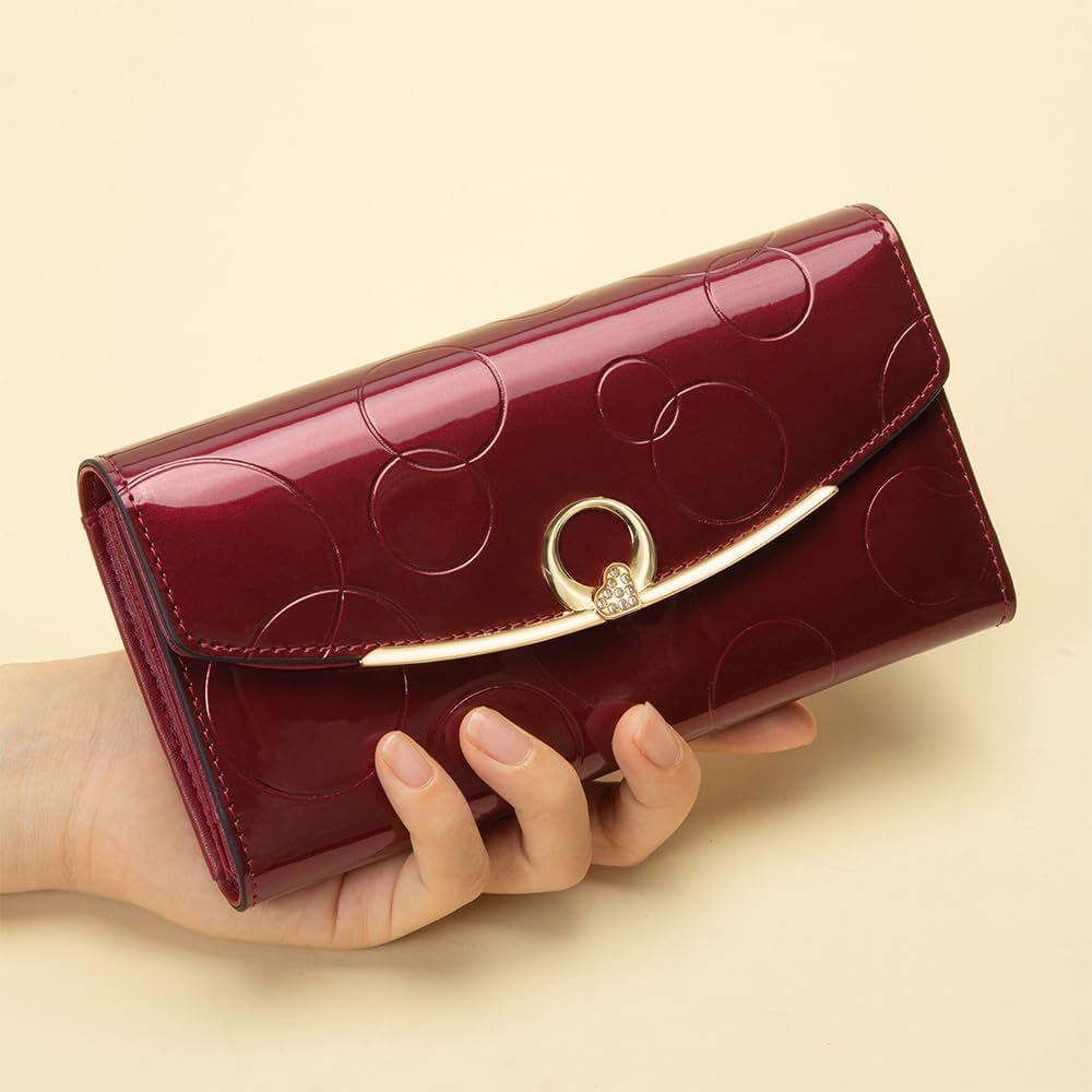 Wallet Women's Genuine Leather Long Three Fold Wallet Bright Leather Large Capacity Buckle, Circled Embossed Pattern, RFID and Magnetic Anti Theft (Wine Red) - Image 6