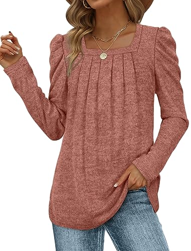 WEESO Womens Sweaters Lightweight Puff Sleeve Pleated Square Neck Tunic Shirts Loose Fit2