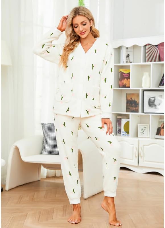 Womens Fuzzy Plush Pajama Set, Soft Warm Fleece Pajama for Women Cute Long Embroidered 2 Piece Sleepwears - Image 2