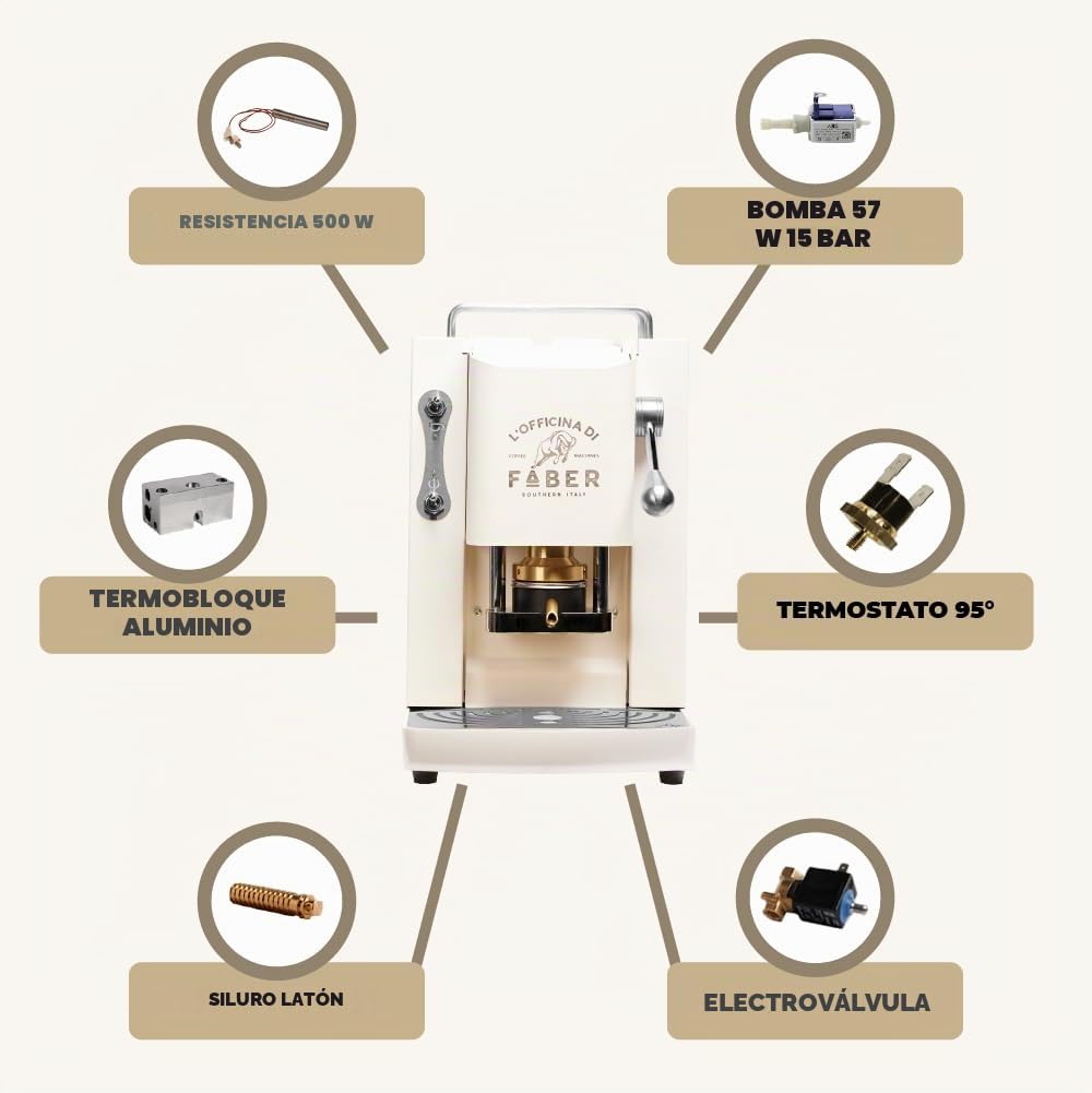 FABER COFFEE MACHINES | Modelo Pro Deluxe | Cafetera monodosis ese 44 mm | acabados cromo | Prensacialda de latón (Pure White)