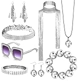 GIFIKOI Juego de 10 accesorios de discoteca de los años 70 para mujer, bufanda de lentejuelas, diadema, pulsera de tenis brillante, collar, aretes, gafas de sol, disfraz de discoteca, Circonita cúbica