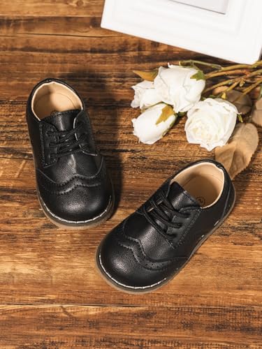 Image of Kannior Boys Girls Oxford PU Leather Shoes Little Kid Wedding Dress Shoes Toddler Lace Up Non-Slip Texture Sole Loafer Flats Classic School Uniform Walking Shoes