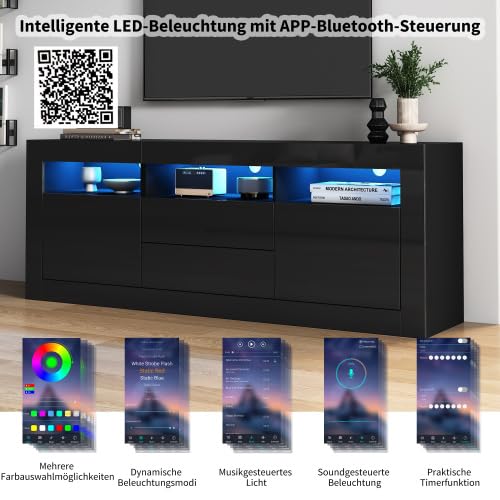 Merax 160 cm TV-Schrank mit LED-Beleuchtung, Hochglanz TV Board für 70 Zoll Fernseher, Push-to-Open Schubladen, 3 offene Fächer & Musiksteuerung, Smart App Steuerung für Wohnzimmer