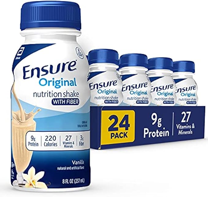 Ensure Original Nutrition Shake with Fiber, Small Meal Replacement Shake, Complete, Balanced Nutrition with Nutrients to Support Immune System Health, Vanilla, 8 fl oz, 24 Count