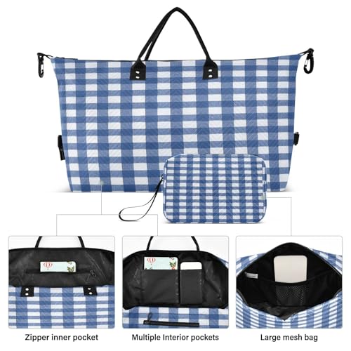 Blue & White Gingham Travel Duffel Bag, Shoulder Weekender Overnight Bags - Large Gym Bag with Wet Pocket2