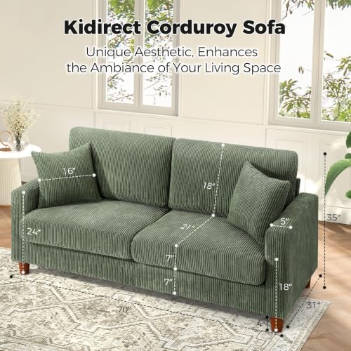 Image of Kidirect 70in L Shaped Couch, Modular Sofa No Tool Assembly, Comfy Sectional Couches for Living Room 21in Deeper Seats, Corduroy Sofas for Living Room with 2 Pillows, Loveseat Sofa Set, Green Couch
